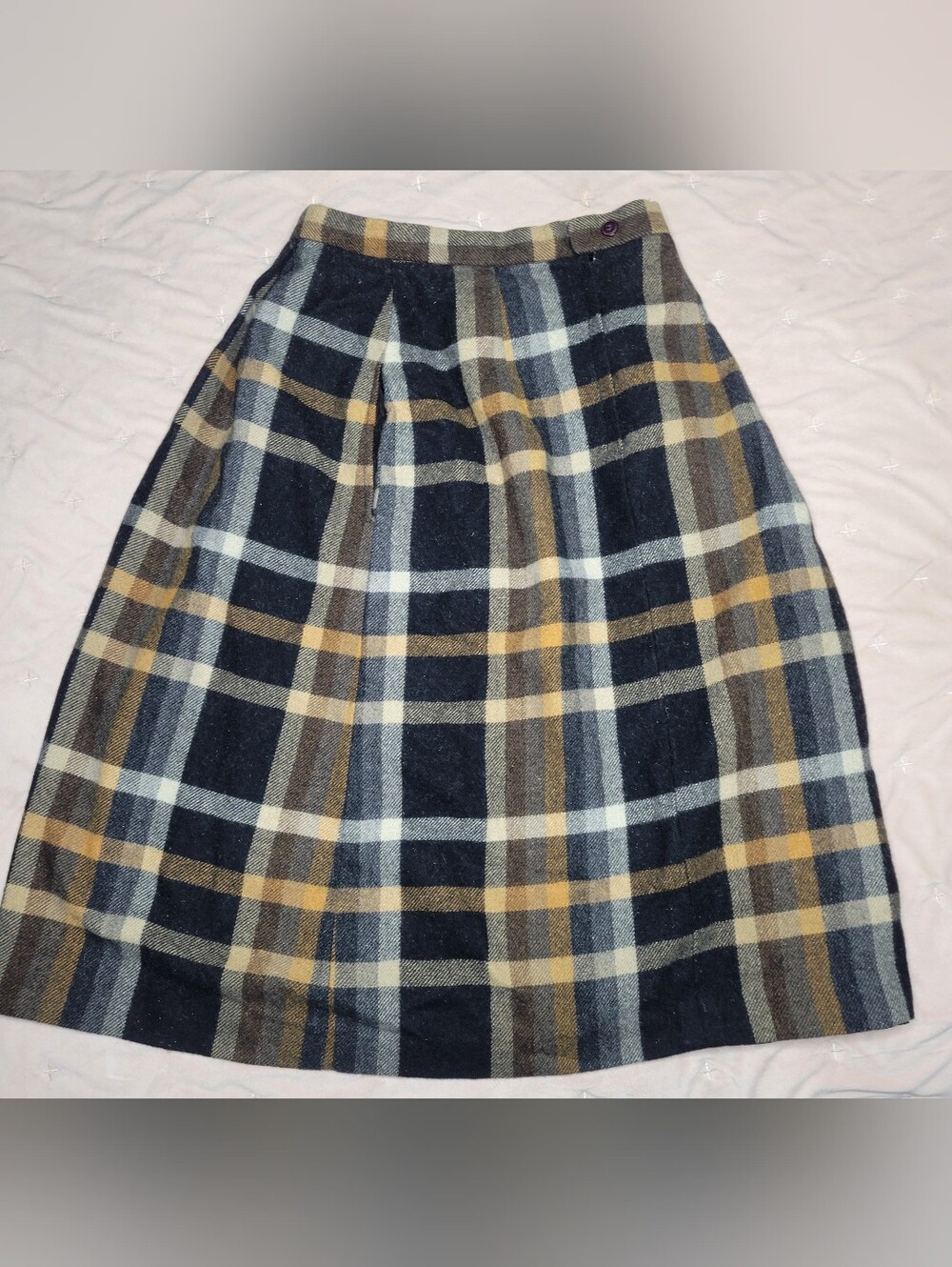 Gaytown Vintega Plaid A-Line Wool Blend Skirt in Black Cream & Mustard